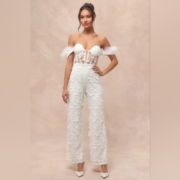 Lulus Midnight Sparkle White Mesh Embroidered Feather Bustier Jumpsuit Bridal - Picture 2 of 8